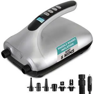 Paddle Board Pump Electric - Portable 20 PSI Dual-Stage Air Compressor for Super Fast Inflation and Deflation, Auto-Off, LCD Display and 12V Car Connector - for SUP, Boats & Inflatables Paddle Board Pump Electric - Portable 20 PSI Dual-Stage Air Compressor for Super Fast Inflation and Deflation, Auto-Off, LCD Display and 12V Car Connector - for SUP, Boats & Inflatables
