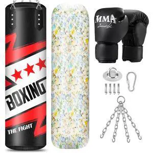 Filled Punching Bag for Adults, 4FT PU Leather Hanging Boxing Bag with 11lb Sponge Filler & 12OZ Boxing Gloves, Heavy Kicking Bag Boxing Equipment for MMA Training Karate Kickboxing Filled Punching Bag for Adults, 4FT PU Leather Hanging Boxing Bag with 11lb Sponge Filler & 12OZ Boxing Gloves, Heavy Kicking Bag Boxing Equipment for MMA Training Karate Kickboxing