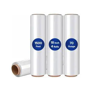 Plastic Wrap Stretch Film - Industrial Strength up to 700% Stretch 20 Microns Clear Durable Adhering Packing Moving Heavy Duty Shrink Film Box of 4 (70 Gauge, 18'' x 1500) Plastic Wrap Stretch Film - Industrial Strength up to 700% Stretch 20 Microns Clear Durable Adhering Packing Moving Heavy Duty Shrink Film Box of 4 (70 Gauge, 18'' x 1500)