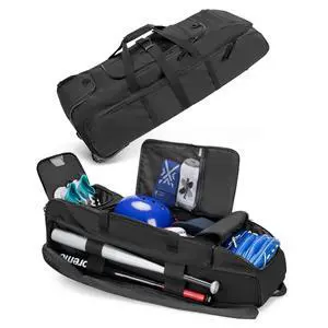 Rolling Baseball Bag with Wheels, Softball Catchers Bag for 4 Bats | Two Side Bat Pockets, Smooth and Sturdy Roller, Back Fence Hook, Multiple Pockets for All Baseball Gear Rolling Baseball Bag with Wheels, Softball Catchers Bag for 4 Bats | Two Side Bat Pockets, Smooth and Sturdy Roller, Back Fence Hook, Multiple Pockets for All Baseball Gear