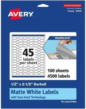 TrueBlock Matte White Barbell Labels, Sure Feed Technology, 0.5" x 2.5", 4,500 Matte White Labels, Laser/Inkjet Printable, Great for Jewelry and Product Merchandising TrueBlock Matte White Barbell Labels, Sure Feed Technology, 0.5" x 2.5", 4,500 Matte White Labels, Laser/Inkjet Printable, Great for Jewelry and Product Merchandising