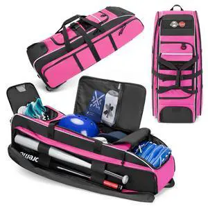 Rolling Baseball Bag with Wheels, Softball Catchers Bag for 4 Bats | Two Side Bat Pockets, Smooth and Sturdy Roller, Back Fence Hook, Multiple Pockets for All Baseball Gear Rolling Baseball Bag with Wheels, Softball Catchers Bag for 4 Bats | Two Side Bat Pockets, Smooth and Sturdy Roller, Back Fence Hook, Multiple Pockets for All Baseball Gear