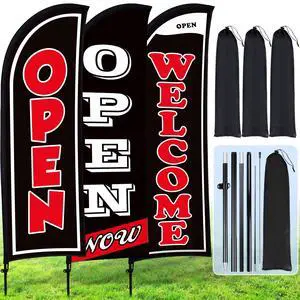 3 Sets Now Open Feather Flag Banner for Business Advertising 7 Feet Tall Grand Opening Feather Flag Sign with Fiberglass Pole Kit Rotating Ground Spike and Portable Bag (Black) 3 Sets Now Open Feather Flag Banner for Business Advertising 7 Feet Tall Grand Opening Feather Flag Sign with Fiberglass Pole Kit Rotating Ground Spike and Portable Bag (Black)
