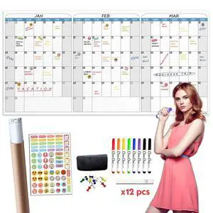 Large Dry Erase Wall Calendar - 36"x72" Undated 3-Month Calendar for Home, School, Office Projects - Jumbo Reusable Task Organizer Large Dry Erase Wall Calendar - 36"x72" Undated 3-Month Calendar for Home, School, Office Projects - Jumbo Reusable Task Organizer