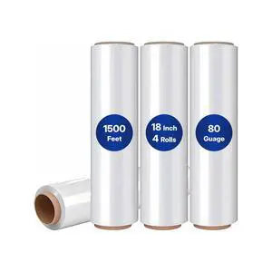 Plastic Wrap Stretch Film - Industrial Strength up to 800% Stretch 20 Microns Clear Durable Adhering Packing Moving Heavy Duty Shrink Film Box of 4 (80 Gauge, 18'' x 1500') Plastic Wrap Stretch Film - Industrial Strength up to 800% Stretch 20 Microns Clear Durable Adhering Packing Moving Heavy Duty Shrink Film Box of 4 (80 Gauge, 18'' x 1500')