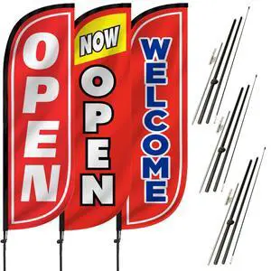 Feather Flag Pole Kit 3-Pack Bundle - 7ft Tall Grand Opening Advertising Banners with Poles and Ground Spikes - Open Red/White, Now Open Red/Yellow, Welcome Red/Blue Feather Flag Pole Kit 3-Pack Bundle - 7ft Tall Grand Opening Advertising Banners with Poles and Ground Spikes - Open Red/White, Now Open Red/Yellow, Welcome Red/Blue