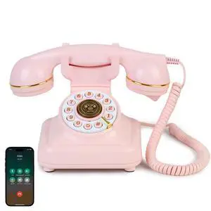 Vintage Bluetooth Phone, Retro Desk Telephone with Gold Accents, Loud Nostalgic Ringtones, Bluetooth Connects to Smartphone for Home & Office, Pink Vintage Bluetooth Phone, Retro Desk Telephone with Gold Accents, Loud Nostalgic Ringtones, Bluetooth Connects to Smartphone for Home & Office, Pink
