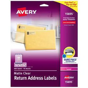 Matte Clear Return Address Labels,Sure Feed Technology,Laser, 2/3" x 1-3/4", 600 Labels, 5 Packs (15695) Matte Clear Return Address Labels,Sure Feed Technology,Laser, 2/3" x 1-3/4", 600 Labels, 5 Packs (15695)