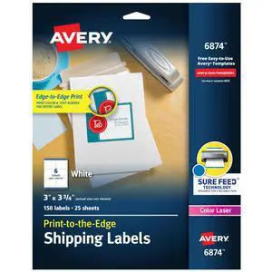 Print-to-the-Edge Printable Shipping Labels, 3" x 3.75", Matte White, Sure Feed Technology, Laser & Inkjet Printer Compatible, 150 Blank Labels per Pack (5 Packs of 6874) Print-to-the-Edge Printable Shipping Labels, 3" x 3.75", Matte White, Sure Feed Technology, Laser & Inkjet Printer Compatible, 150 Blank Labels per Pack (5 Packs of 6874)