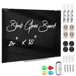 Glass Magnetic Dry Erase Black Board 24"x18" for Wall Office Glass Magnetic Dry Erase Black Board 24"x18" for Wall Office