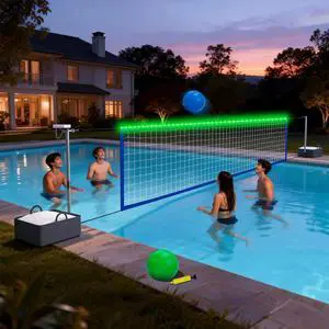 Pool Volleyball Net Set with High Brightness LED Solar Powered Lights, 15ft-32ft Adjustable Portable Volleyball Net with 40L Weighted Base for Inground Pools, 2 Ball & Pump for Family Fun, Party Games Pool Volleyball Net Set with High Brightness LED Solar Powered Lights, 15ft-32ft Adjustable Portable Volleyball Net with 40L Weighted Base for Inground Pools, 2 Ball & Pump for Family Fun, Party Games
