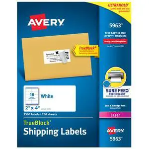 Printable Shipping Labels with Sure Feed, 2" x 4" Customizable Stickers, White, 2,500 Blank Mailing Labels, Great for Mailing, Shipping, and More (5963) Printable Shipping Labels with Sure Feed, 2" x 4" Customizable Stickers, White, 2,500 Blank Mailing Labels, Great for Mailing, Shipping, and More (5963)
