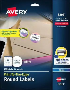 Round Labels, White, 1-1/2" | Sure Feed Technology | Permanent Adhesive | 400 Labels, Pack of 5 Round Labels, White, 1-1/2" | Sure Feed Technology | Permanent Adhesive | 400 Labels, Pack of 5