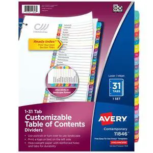 1-31 Dividers for 3 Ring Binders, 31 Tabs per Set, Customizable Table of Contents, Multicolor Arched Tabs, Great for Organizing Reports, Projects, and More (12 Sets of 11846) 1-31 Dividers for 3 Ring Binders, 31 Tabs per Set, Customizable Table of Contents, Multicolor Arched Tabs, Great for Organizing Reports, Projects, and More (12 Sets of 11846)