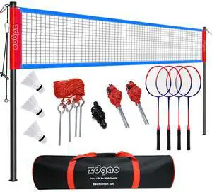 Badminton Sets for Backyard - 20FT Net and Badminton Racket Set of 4 | Portable Badminton Net with Tension Adjuster, 3 Nylon Shuttlecocks, Boundary Line, Carry Bag for Beach, Outdoor Family Game Badminton Sets for Backyard - 20FT Net and Badminton Racket Set of 4 | Portable Badminton Net with Tension Adjuster, 3 Nylon Shuttlecocks, Boundary Line, Carry Bag for Beach, Outdoor Family Game