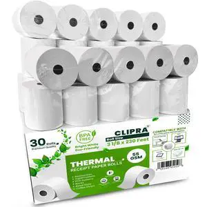 3 1/8 x 230ft Thermal Paper Receipt Rolls (30 PACK) 55 GSM - Compatible with ALL POS Systems, Cash Registers - BPA Free, Premium Quality Receipt Paper Rolls 3 1/8 x 230ft Thermal Paper Receipt Rolls (30 PACK) 55 GSM - Compatible with ALL POS Systems, Cash Registers - BPA Free, Premium Quality Receipt Paper Rolls
