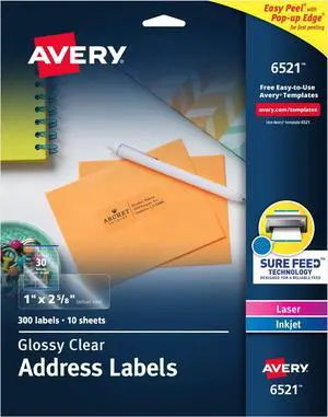 Address Labels Clear 1" x 2-5/8" | Glossy | Sure Feed Technology | For Laser & Inkjet Printers | 300 Labels, Pack of 5 Address Labels Clear 1" x 2-5/8" | Glossy | Sure Feed Technology | For Laser & Inkjet Printers | 300 Labels, Pack of 5