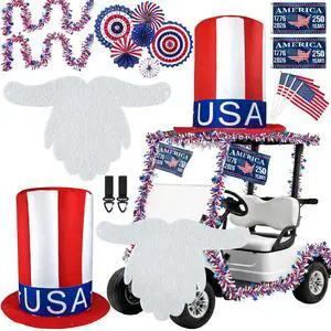4th of July Golf Cart Decoration Kit for Parade Patriotic Car Decorations with Giant Hat, Beard, Tinsel & Flags, Red White Blue Vehicle Decor for Independence Day 250 Years 4th of July Golf Cart Decoration Kit for Parade Patriotic Car Decorations with Giant Hat, Beard, Tinsel & Flags, Red White Blue Vehicle Decor for Independence Day 250 Years