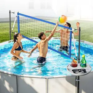 Above Ground Pool Volleyball Net Set with Storage Tray - Swimming Pool Volleyball Net for Pool with Adjustable 10-20FT Width Anti-Sagging Net - Outdoor Poolside Games with Ball, Pump, Poles Above Ground Pool Volleyball Net Set with Storage Tray - Swimming Pool Volleyball Net for Pool with Adjustable 10-20FT Width Anti-Sagging Net - Outdoor Poolside Games with Ball, Pump, Poles