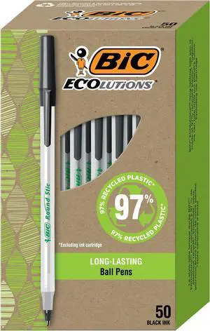 Round Stic Ballpoint Pens, Medium Point 1.0mm, Black Ink | 97% Recycled Plastic | 50-Count, Pack of 9 Round Stic Ballpoint Pens, Medium Point 1.0mm, Black Ink | 97% Recycled Plastic | 50-Count, Pack of 9