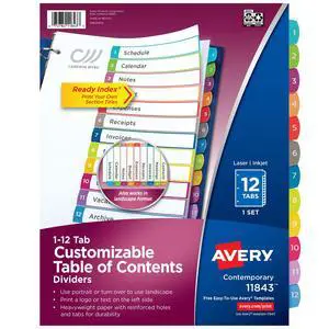 Dividers for 3 Ring Binders, 12 Tabs per Set, Customizable Table of Contents, Multicolor Arched Tabs, Great for Organizing Reports, Projects, and More (24 Sets of 11843) Dividers for 3 Ring Binders, 12 Tabs per Set, Customizable Table of Contents, Multicolor Arched Tabs, Great for Organizing Reports, Projects, and More (24 Sets of 11843)