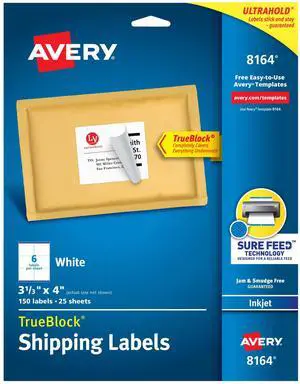 Shipping Labels with TrueBlock Technology for Inkjet Printers, 3-1/3" x 4", 150 Labels per Pack, Case Pack of 5 (8164) Shipping Labels with TrueBlock Technology for Inkjet Printers, 3-1/3" x 4", 150 Labels per Pack, Case Pack of 5 (8164)
