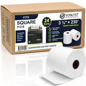 Receipt Paper Roll 3 1/8 x 230 for Square Register and Square POS System connected to Star Micronics Thermal Printer (Pack 24 rolls) Receipt Paper Roll 3 1/8 x 230 for Square Register and Square POS System connected to Star Micronics Thermal Printer (Pack 24 rolls)