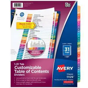 1-31 Dividers for 3 Ring Binders, 31 Tabs per Set, Customizable Table of Contents, Multicolor Tabs, Great for Organizing Reports, Projects, and More (12 Sets of 11129) 1-31 Dividers for 3 Ring Binders, 31 Tabs per Set, Customizable Table of Contents, Multicolor Tabs, Great for Organizing Reports, Projects, and More (12 Sets of 11129)