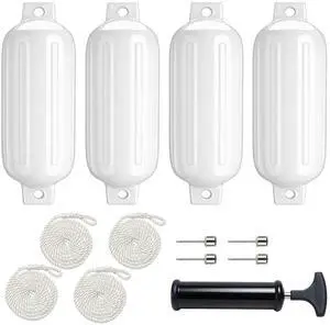 4 Pack 4.5"/6.5" Boat Fenders, Ribbed Twin Eyes Inflatable Marine Bumpers for Docking with 4 Ropes, 4 Needles and 1 Pump, Pontoon Boat Fenders for Yachts, Sailing Dinghies, Bass Boats 4 Pack 4.5"/6.5" Boat Fenders, Ribbed Twin Eyes Inflatable Marine Bumpers for Docking with 4 Ropes, 4 Needles and 1 Pump, Pontoon Boat Fenders for Yachts, Sailing Dinghies, Bass Boats