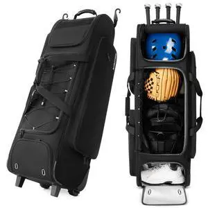 Large Rolling Baseball Catchers Gear Bag with Wheels, Wheeled Softball Bag for 4 Bats with Fence Hooks Waterproof Pocket Shoe Compartment for T-Ball Adult, Baseball Equipment Duffle Bag Large Rolling Baseball Catchers Gear Bag with Wheels, Wheeled Softball Bag for 4 Bats with Fence Hooks Waterproof Pocket Shoe Compartment for T-Ball Adult, Baseball Equipment Duffle Bag