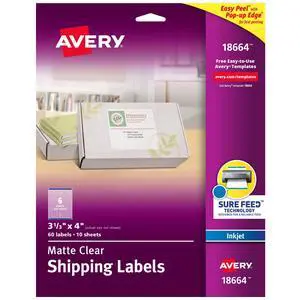 Matte Frosted Clear Address Labels for Inkjet Printers, 3-1/3" x 4", 60 Labels, 5 Packs (18664) Matte Frosted Clear Address Labels for Inkjet Printers, 3-1/3" x 4", 60 Labels, 5 Packs (18664)