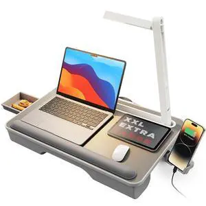 Lap Desk with LED Light, Portable Laptop Tray with Cushion | Fits Up to 17" Laptops & MacBook, Lap Desks for Writing and Working, Leather Top, with Drawer, Wrist Rest and Phone Holder Lap Desk with LED Light, Portable Laptop Tray with Cushion | Fits Up to 17" Laptops & MacBook, Lap Desks for Writing and Working, Leather Top, with Drawer, Wrist Rest and Phone Holder
