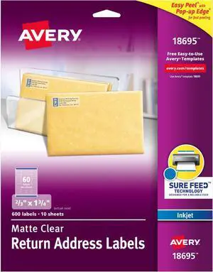 Printable Return Address Labels with Sure Feed, 2/3" x 1-3/4", Matte Clear, 600 Blank Mailing Labels (18695) (Pack of 5) Printable Return Address Labels with Sure Feed, 2/3" x 1-3/4", Matte Clear, 600 Blank Mailing Labels (18695) (Pack of 5)