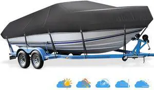 Boat Cover 16ft-18.5 ft, Waterproof Trailerable Boat Cover | Heavy Duty Covers fits Bass Boats, V-Hull, Tri-Hull, Runabout, Fishing Boats, Marine Grade Canvas Outboard Cover, Black Boat Cover 16ft-18.5 ft, Waterproof Trailerable Boat Cover | Heavy Duty Covers fits Bass Boats, V-Hull, Tri-Hull, Runabout, Fishing Boats, Marine Grade Canvas Outboard Cover, Black