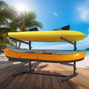 Kayak Storage Rack, Heavy Duty 2 Level Freestanding Rack for Garage and Outdoor Storage, Holds Kayak, Canoe, Surfboard & Paddleboard, Steel Construction with Felt Padding Kayak Storage Rack, Heavy Duty 2 Level Freestanding Rack for Garage and Outdoor Storage, Holds Kayak, Canoe, Surfboard & Paddleboard, Steel Construction with Felt Padding