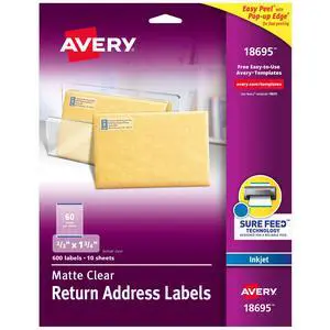 Matte Clear Return Address Labels,Sure Feed Technology,Inkjet, 2/3" x 1-3/4",600 Labels,5 Packs (18695) Matte Clear Return Address Labels,Sure Feed Technology,Inkjet, 2/3" x 1-3/4",600 Labels,5 Packs (18695)