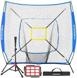 7x7 Baseball Softball Net with Tee, Strike Zone & Bow Frame | 7x7 Baseball Pitching Hitting Net with Strike Zone, Portable Net with Batting Tee Bow Frame, Backyard Training 7x7 Baseball Softball Net with Tee, Strike Zone & Bow Frame | 7x7 Baseball Pitching Hitting Net with Strike Zone, Portable Net with Batting Tee Bow Frame, Backyard Training