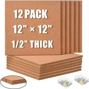 Cork Board Tiles 12"x12" - 1/2 Inch Thick, 12 Pack | Self-Adhesive Square Bulletin Boards with 100 Push Pins for Photo Walls, Office Notes and Dorm Decor Cork Board Tiles 12"x12" - 1/2 Inch Thick, 12 Pack | Self-Adhesive Square Bulletin Boards with 100 Push Pins for Photo Walls, Office Notes and Dorm Decor