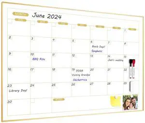 Monthly Calendar Whiteboard, 36" x 24" Magnetic Dry Erase Calendar with Gold Frame, Wall Planner Board for Home, Office, School Monthly Calendar Whiteboard, 36" x 24" Magnetic Dry Erase Calendar with Gold Frame, Wall Planner Board for Home, Office, School