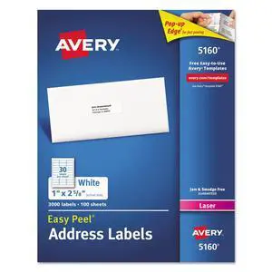 Easy Peel White Mailing Labels for Laser Printers, 1 x 2.62 Inch, Box of 3000 Labels (5160), 2-Pack Easy Peel White Mailing Labels for Laser Printers, 1 x 2.62 Inch, Box of 3000 Labels (5160), 2-Pack