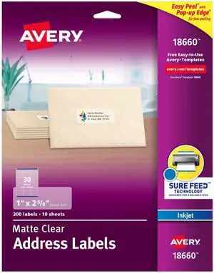 Matte Clear Address Labels, Sure Feed Technology, Inkjet, 1" x 2-5/8", 1500 Labels (5 Packs of 18660) Matte Clear Address Labels, Sure Feed Technology, Inkjet, 1" x 2-5/8", 1500 Labels (5 Packs of 18660)