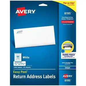 Return Address Labels, Inkjet Printers, 1,500 Labels, 2/3 x 1-3/4, Permanent Adhesive, 5 Packs (8195) Return Address Labels, Inkjet Printers, 1,500 Labels, 2/3 x 1-3/4, Permanent Adhesive, 5 Packs (8195)