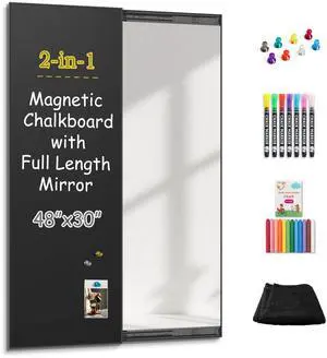 2-in-1 Magnetic Chalkboard with Mirror 48 x 30 Inches - Black Aluminum Frame Sliding Chalk Board and Full Length Mirror for Home, Business, Office - 4 x 2.5ft Magnet Display Board Pizarra 2-in-1 Magnetic Chalkboard with Mirror 48 x 30 Inches - Black Aluminum Frame Sliding Chalk Board and Full Length Mirror for Home, Business, Office - 4 x 2.5ft Magnet Display Board Pizarra