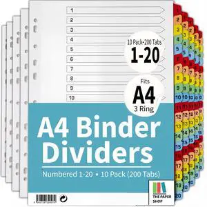 Binder Dividers with Tabs 1-20 Numbered A4 (10 Pack) | Dividers for 3 Ring Binder | Numbered Tab Dividers for Office, School & Home Organization Binder Dividers with Tabs 1-20 Numbered A4 (10 Pack) | Dividers for 3 Ring Binder | Numbered Tab Dividers for Office, School & Home Organization