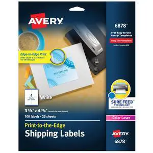 Print-to-the-Edge Printable Shipping Labels, 3.75" x 7.75", Matte White, Sure Feed Technology, Laser & Inkjet Printer Compatible, 100 Blank Labels per Pack (5 Packs of 6878) Print-to-the-Edge Printable Shipping Labels, 3.75" x 7.75", Matte White, Sure Feed Technology, Laser & Inkjet Printer Compatible, 100 Blank Labels per Pack (5 Packs of 6878)