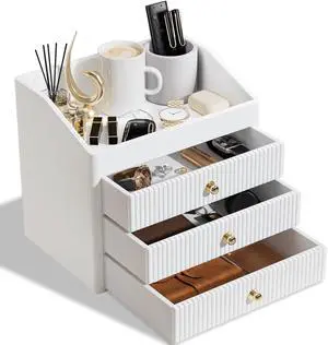 Office Accessories,Begie White Vegan Leather Office Supplies with 3 Drawers & Tray for Desk,Perfume Organizer with Gold-Tone Metal Accents Knob for End Tables,Bedside Table,Bedroom Office Accessories,Begie White Vegan Leather Office Supplies with 3 Drawers & Tray for Desk,Perfume Organizer with Gold-Tone Metal Accents Knob for End Tables,Bedside Table,Bedroom