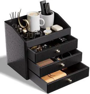 Desk Organizers and Accessories,Black Vegan Leather Desktop Organizer with 3 Drawers & Tray for Bedroom,Bathroom,Lipstick,Nail Polish,Skincare,Perfume,Jewelry Box Desk Organizers and Accessories,Black Vegan Leather Desktop Organizer with 3 Drawers & Tray for Bedroom,Bathroom,Lipstick,Nail Polish,Skincare,Perfume,Jewelry Box