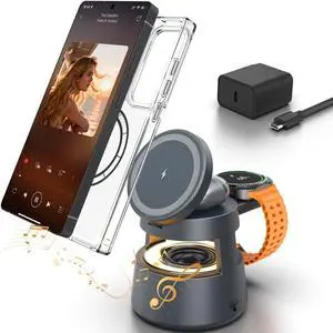 Wireless Charger for Samsung, 3 in 1 Magnetic Charging Station for Samsung Galaxy S25 Ultra/Z Fold7/Flip, Watch 8/Ultra/7/6/5, Galaxy Buds 3 Pro, with Bluetooth Speaker and Night Light (Gift Ideal) Wireless Charger for Samsung, 3 in 1 Magnetic Charging Station for Samsung Galaxy S25 Ultra/Z Fold7/Flip, Watch 8/Ultra/7/6/5, Galaxy Buds 3 Pro, with Bluetooth Speaker and Night Light (Gift Ideal)