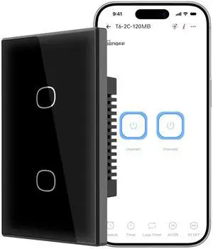 TX Gen2 Smart Wall Touch Switch, 2 Channels 120-Type Panel, 2.4GHz Wi-Fi, Neutral Required, Matter Compatible, Works with Apple Home/Google Home/Amazon Alexa, T6-2C-120MB TX Gen2 Smart Wall Touch Switch, 2 Channels 120-Type Panel, 2.4GHz Wi-Fi, Neutral Required, Matter Compatible, Works with Apple Home/Google Home/Amazon Alexa, T6-2C-120MB
