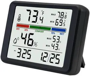 Digital Thermometer Hygrometer, Plumeet Indoor Wall Thermometer with Backlight, Digital Alarm Clock, Date, Air Comfort Indicator, Max Min Record, Desktop Thermometer for Home, Black Digital Thermometer Hygrometer, Plumeet Indoor Wall Thermometer with Backlight, Digital Alarm Clock, Date, Air Comfort Indicator, Max Min Record, Desktop Thermometer for Home, Black